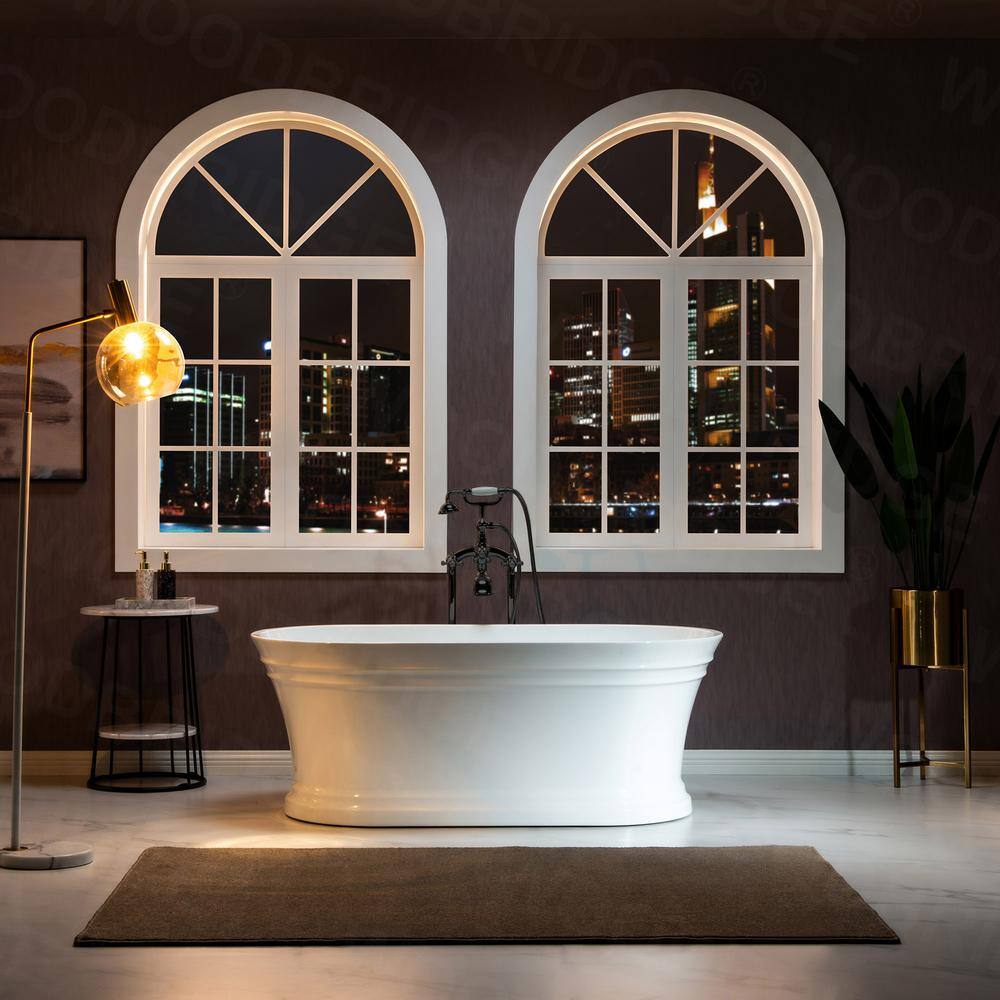 67" White Acrylic Freestanding Soaking Bathtub with Matte Black Trim