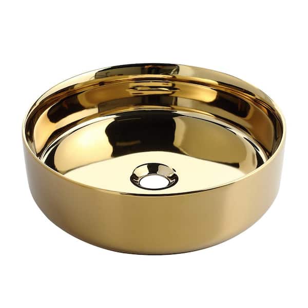 Unbranded 15.7 In Drop in/Undermount Single Bowl Bathroom Sink with Bottom Grids Ceramic Circular Vessel Art Sink in Golden