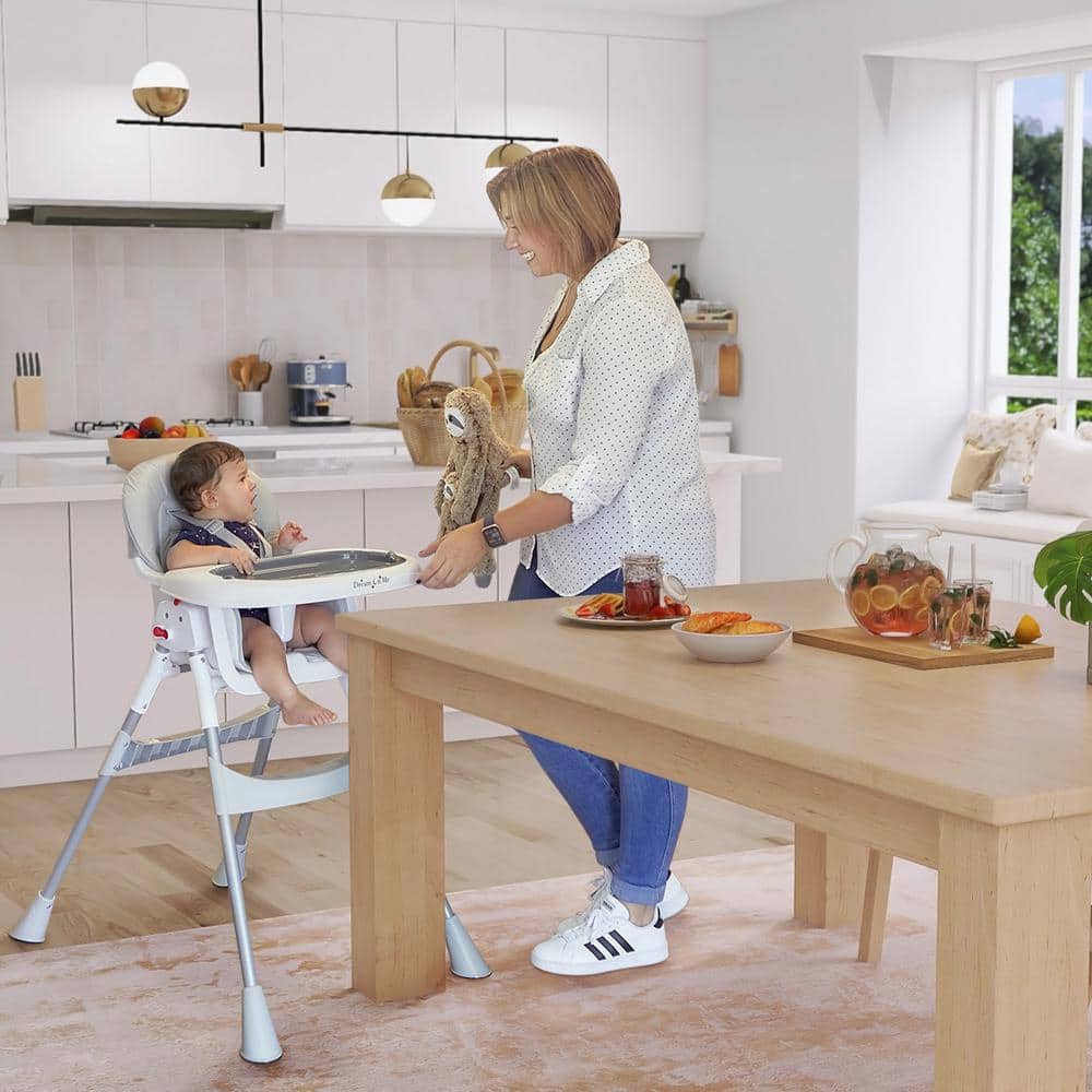 Gray and White Portable Convertible High Chair with Adjustable Tray