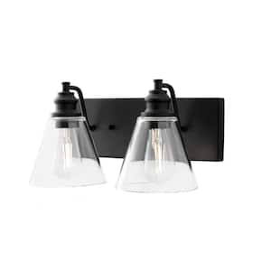 Manor 15.3 in. 2-Light Matte Black Industrial Bathroom Vanity Light with Clear Glass Shades