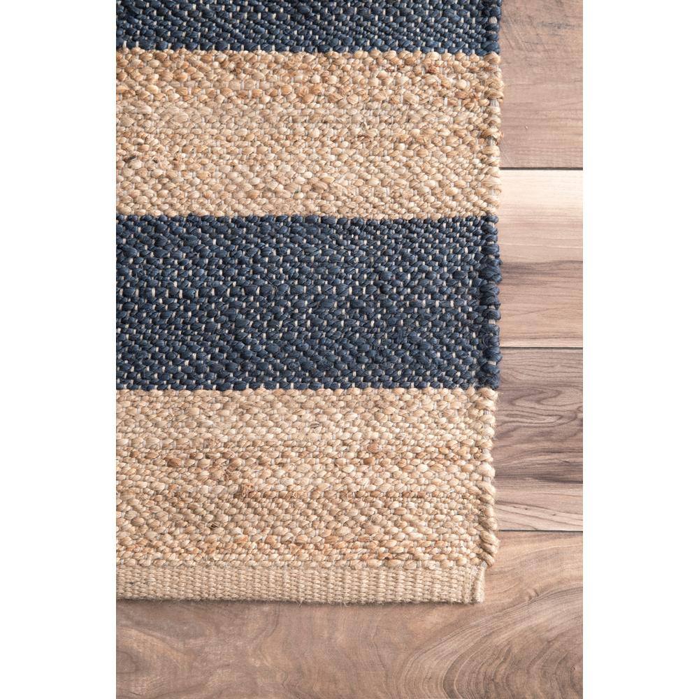 Denim Blue Striped Reversible Flat Woven Jute Runner Rug, 2' 6" x 8'