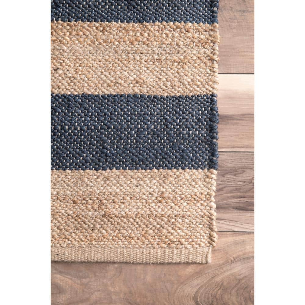 Denim and Tan Striped 4' x 6' Jute and Cotton Flatweave Rug