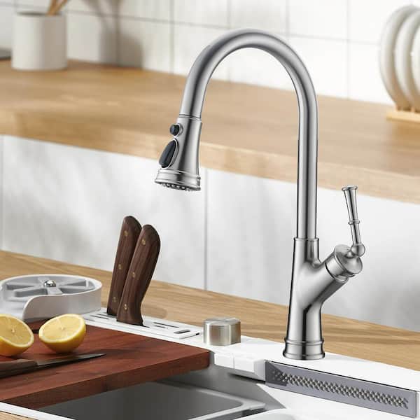 17.99 in. Single Handle Stainless Steel 360 ° Spout Swive High Arc Pull Down Sprayer Kitchen Faucet in Brushed Nickel