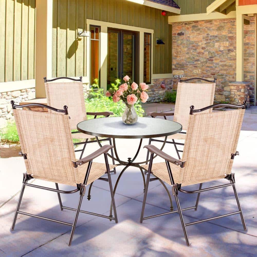 Beige Steel Frame Folding Outdoor Sling Chairs, Set of 2