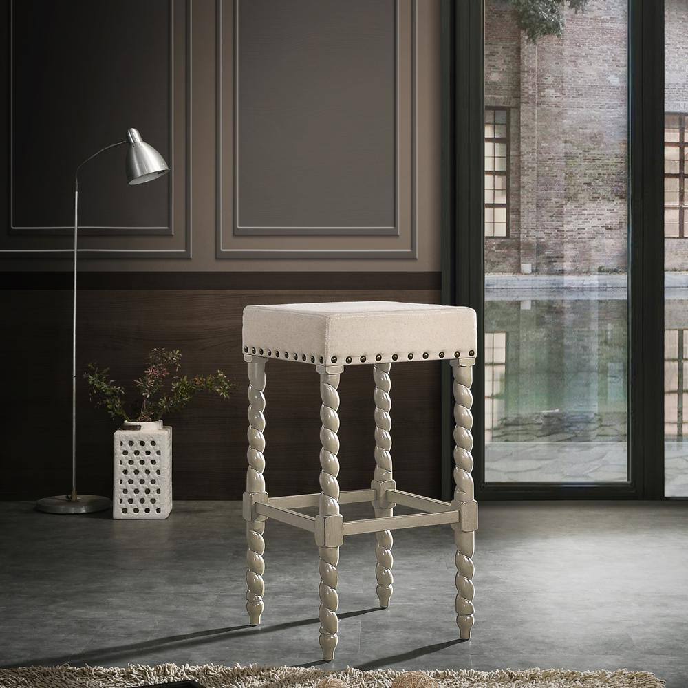 Weathered Gray and Linen 30" Bar Stool with Turned Legs