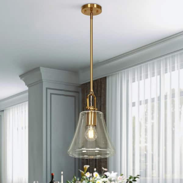Modern Farmhouse 1-light Imitation Brass Pendant Light with Trapezoid Clear Glass Shade, Hanging Lamp for Kitchen Island