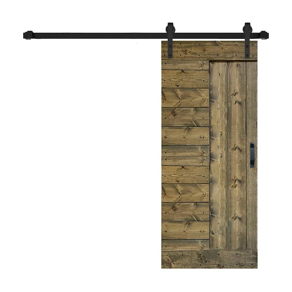 ISLIFE L Series 36 in. x 84 in. Aged Barrel Finished Solid Wood Sliding Barn Door with Hardware Kit - Assembly Needed