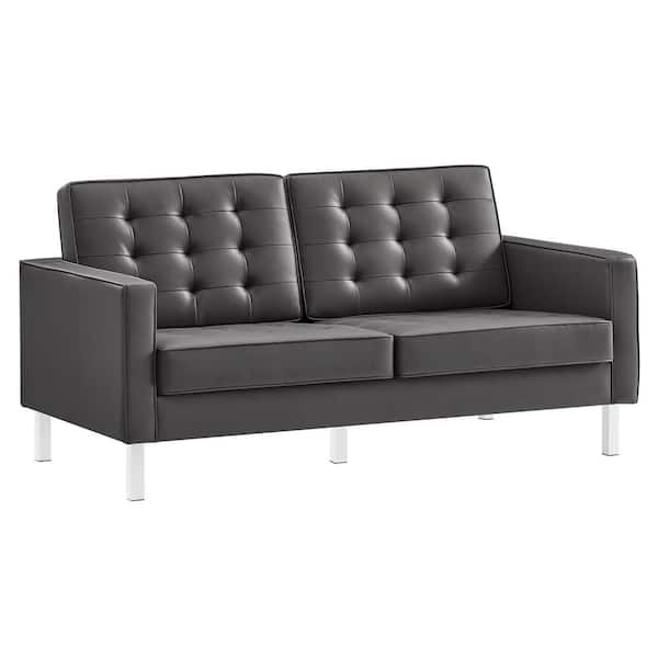 MODWAY Loft 63 in. Gray Button Tufted Faux Leather 2-Seater Loveseat with Square Arms