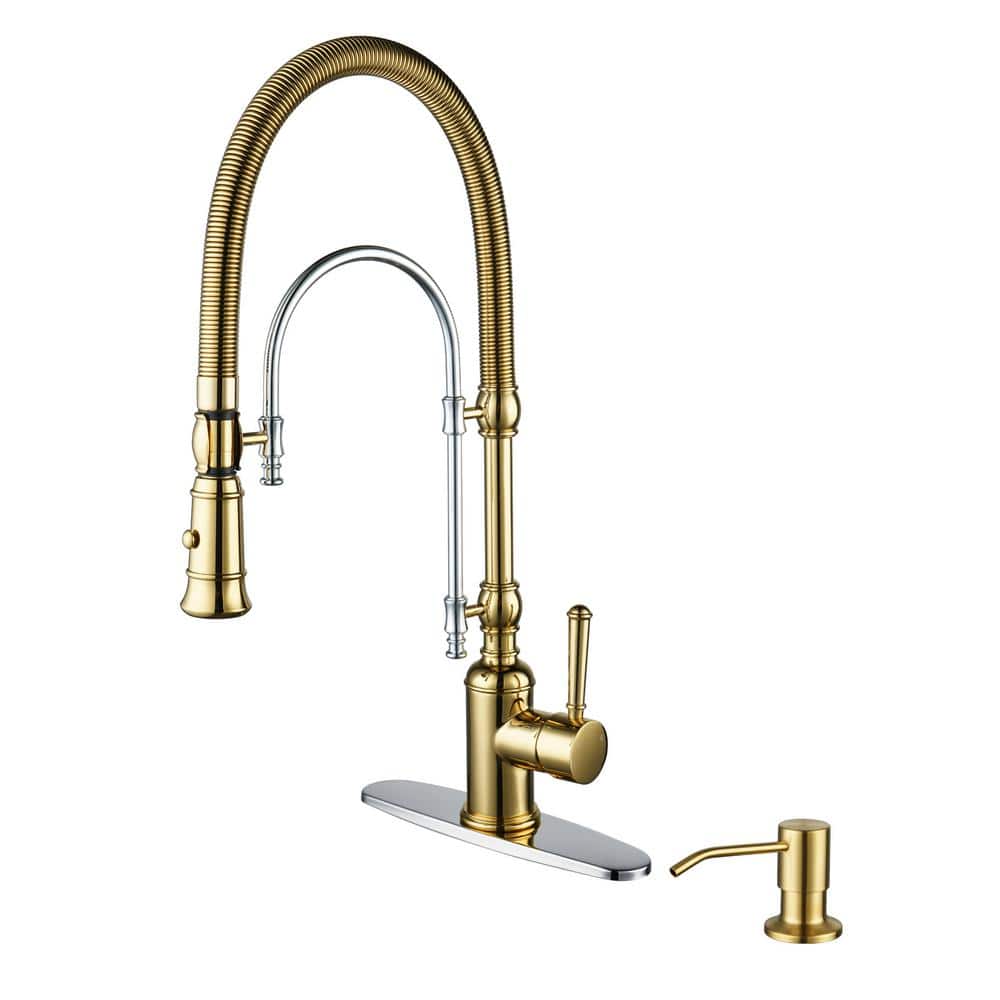 Gold and Chrome High-Arc Kitchen Faucet with Pull-out Spray