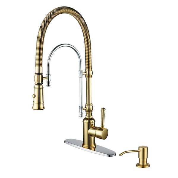 ALEASHA Single Handle Pull Down Sprayer Kitchen Faucet With Soap   Gold And Chrome Pull Down Kitchen Faucets Al 1a55gc S 64 600 