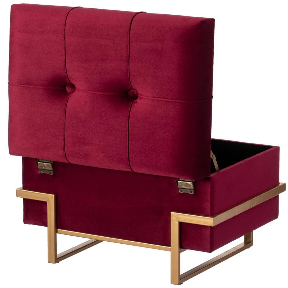 Velvet Red Storage Ottoman with Golden Abstract Legs