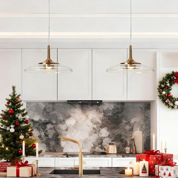 Modern Minimalist 12.2 in. 1-Light Brass Integrated LED Island Pendant Light with Barn Clear Glass Shade for Dining Room