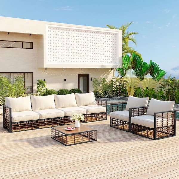 Harper & Bright Designs Modern 7-Piece Dark Gray Metal Patio Conversation Set with Beige Cushions and Coffee Table