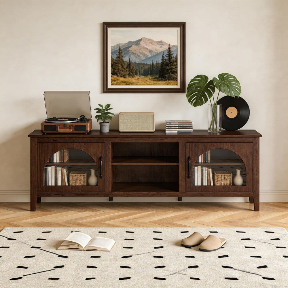 OrangeOne 70 in. Dark Walnut TV Stand with Glass Doors and Storage