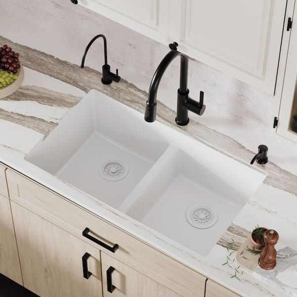 Quartz White 32 in. 50/50 Double Bowl Composite Undermount Kitchen Sink