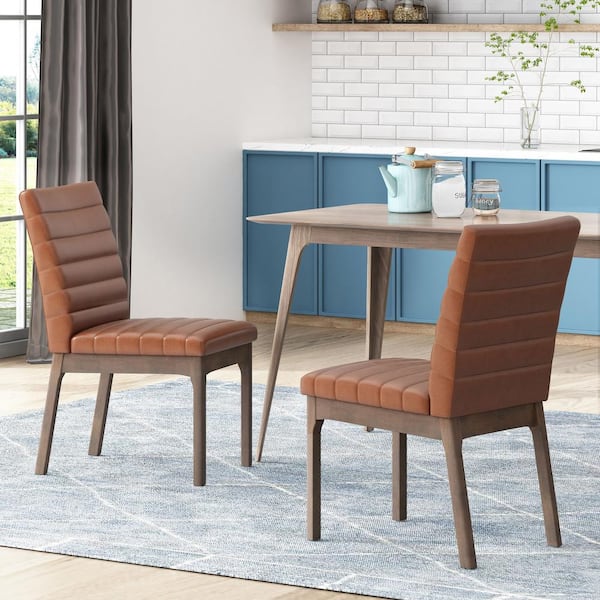 Doland Cognac Brown Faux Leather Channel Stitch Dining Chairs (Set of 2)