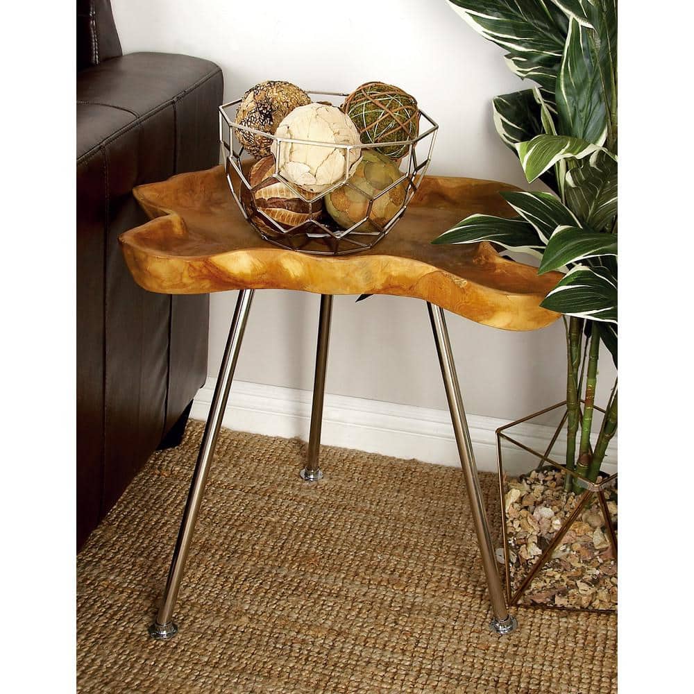 Abstract Teak Wood Accent Table with Silver Metal Legs