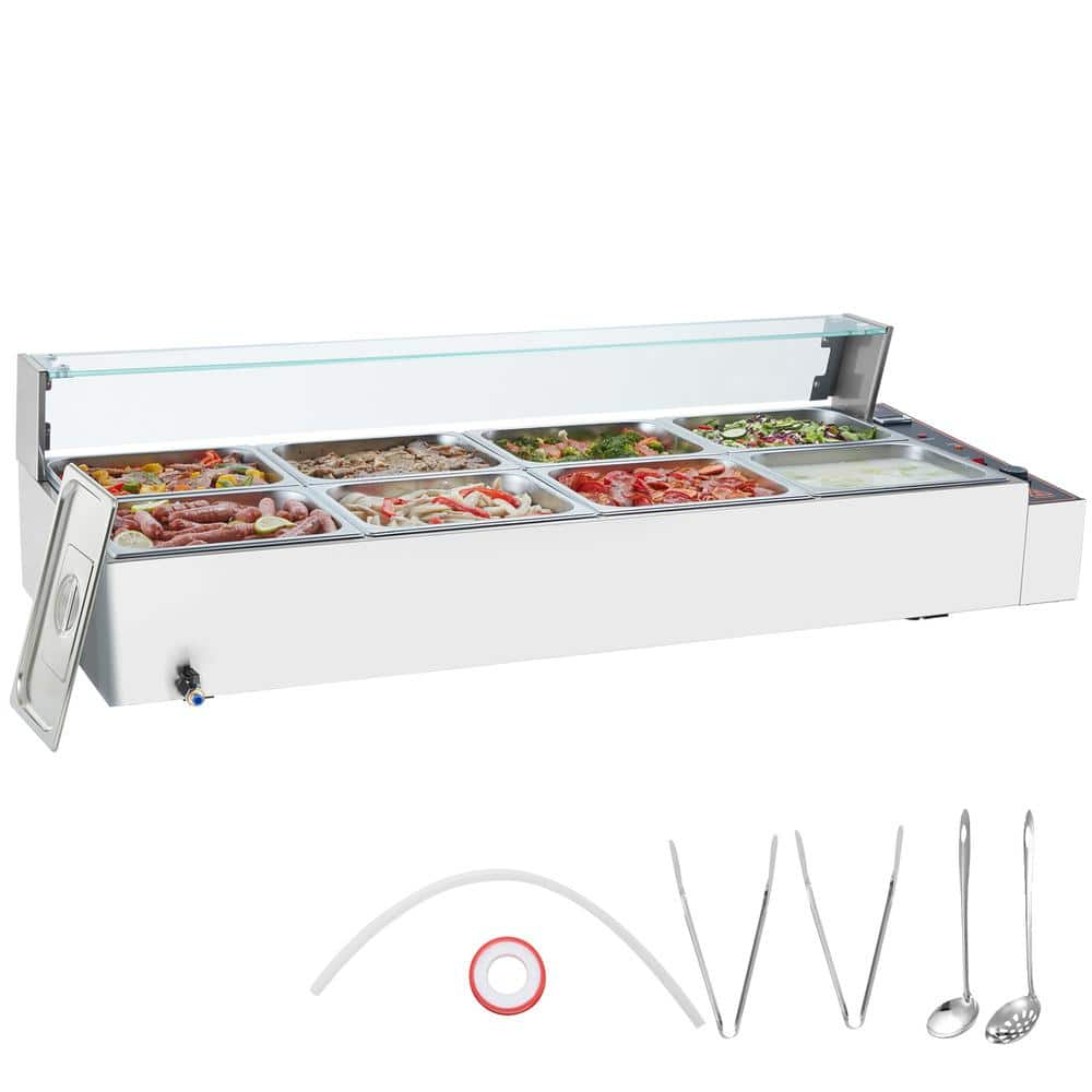 VEVOR 8-Pan Commercial Food Warmer,8 x 8QT Electric Steam Table with Glass Cover, 3200W Countertop Stainless Steel Buffet Bain