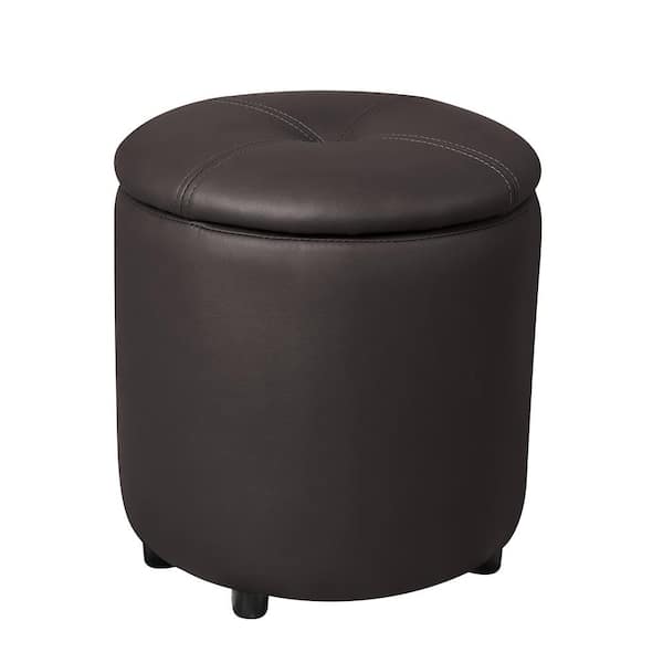 Unbranded Brown Faux Leather Upholstered Button Round Storage Ottoman Footrest Stool