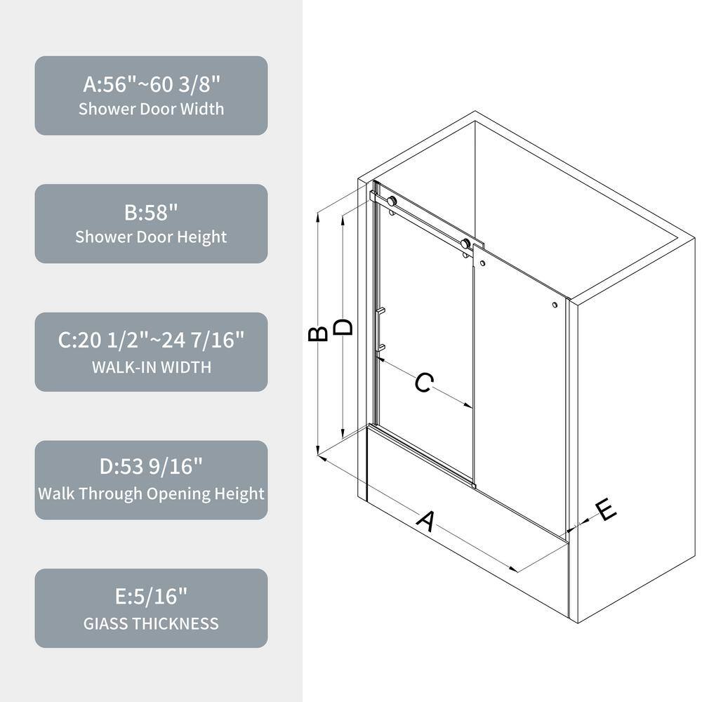 Matte Black Tempered Glass Sliding Shower Door 56-60" W x 58" H