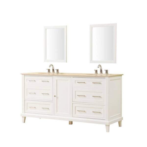 Direct vanity sink Winslow 70 in. x 23 in. D Vanity in White with Marble Vanity Top in Beige with White Basin and Mirrors