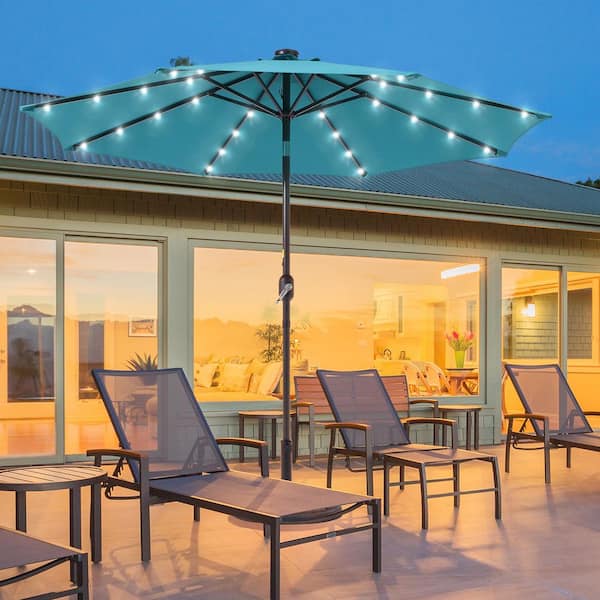 SANLUCE 9 ft. LED Round Patio Umbrella with Large Canopy Outdoor Table Umbrella for Garden, deck and pool in Lake Blue