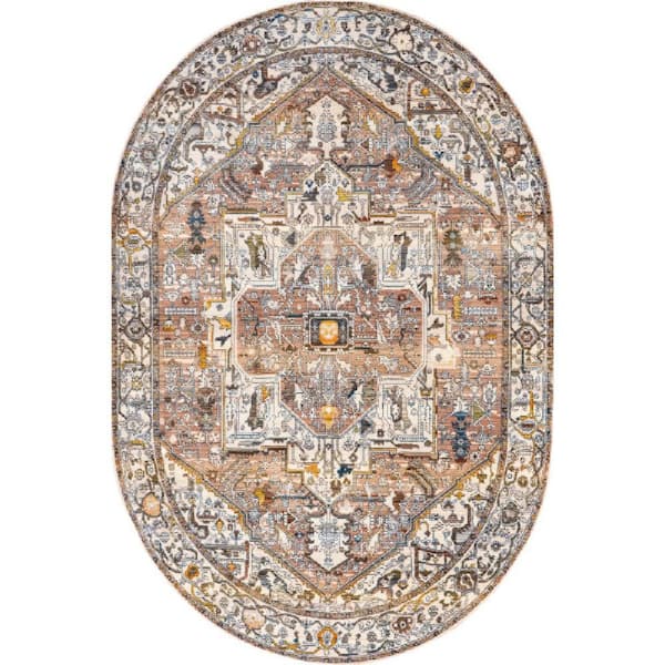 3 ft. x 5 ft. Light Brown Ehtel Medallion Fringe Indoor Oval Area Rug