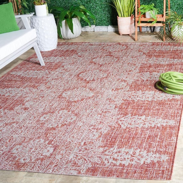 Courtyard Rust/Gray 7 ft. x 10 ft. Distressed Geometric Floral Indoor/Outdoor Area Rug