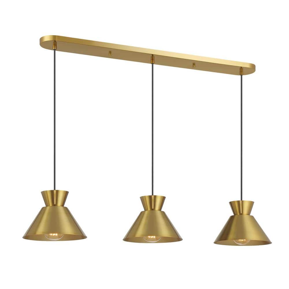 Meridian 9 in. W x 6in. H 3-Light Natural Brass Mid-Century Modern Linear Chandelier with Metal Shades price history on PriceWatchPro