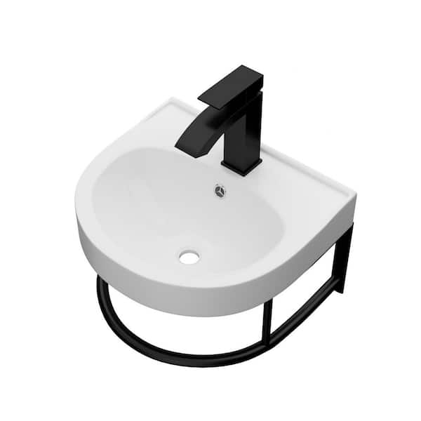16 in. Modern White Ceramic Wall-Mounted Bathroom Sink with Black Towel Bar and Faucet