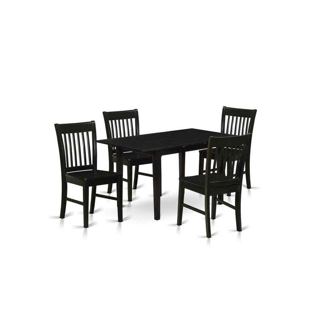 5-Piece Black Finish Solid Wood Top - Rectangular Dining Room Set with Butterfly Leaf - Seats 4