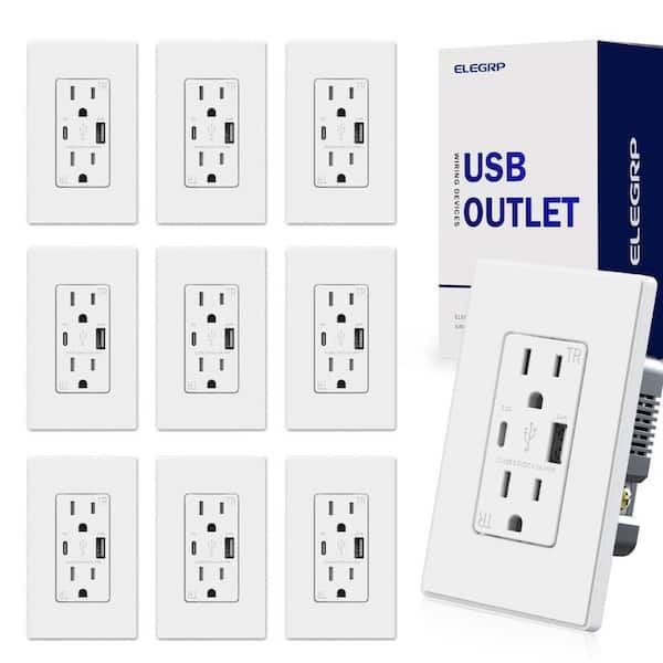 Etokfoks Wall Mount White 15 Amp Tamper Resistant Duplex Outlet with Type A & Type C USB Ports 10-Pack (R1615D42-WH)