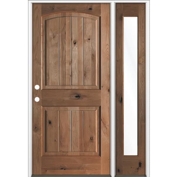 50 in. x 80 in. Knotty Alder Arch Top Right-Hand/Inswing Clear Glass BEHR True Black Stain Wood Prehung Front Door RFSL