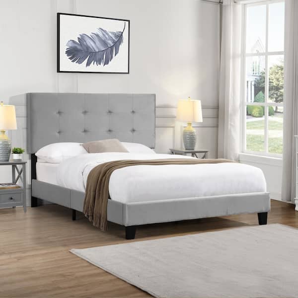 Gray Velvet Tufted Upholstered Full Size Platform Bed Frame with
