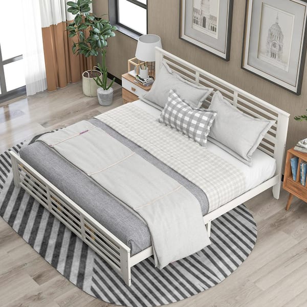 prinses achterlijk persoon meubilair ANBAZAR White Wood King Size Bed Frame with Horizontal Strip Hollow Shape  Headboard and Footboard, No Box Spring Needed 00774ANNA - The Home Depot