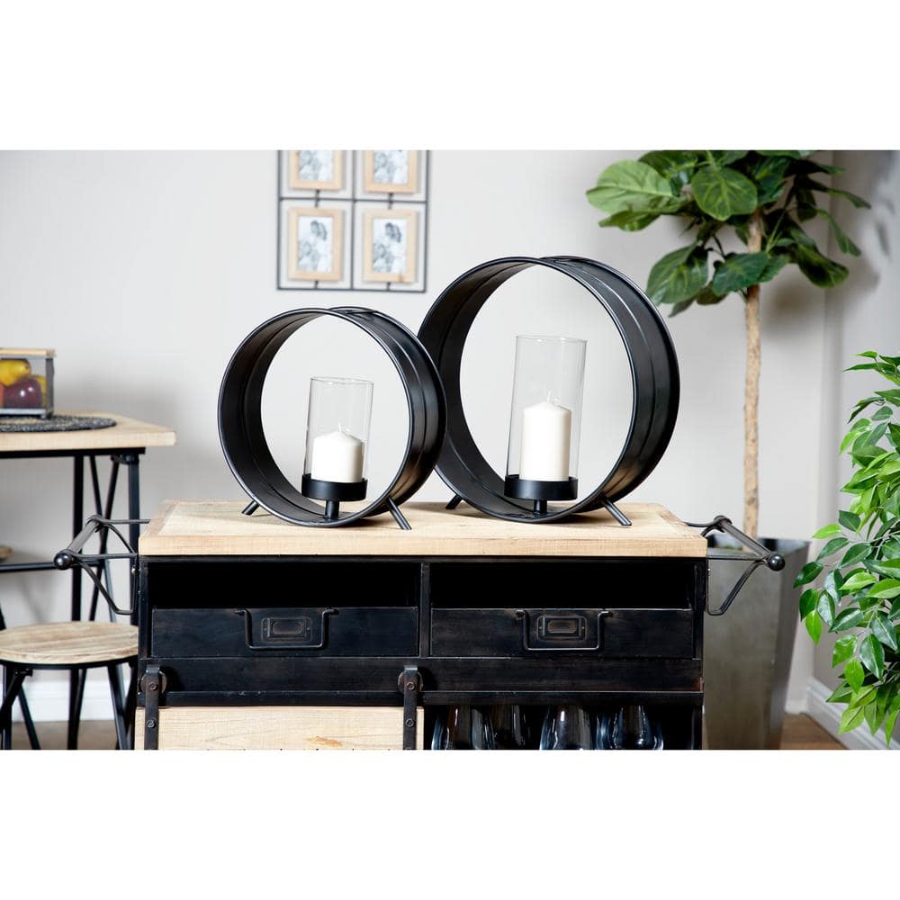 Industrial Black Iron Circular Candle Holders with Glass, Set of 2