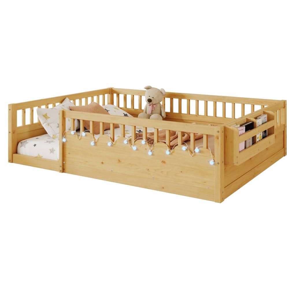 Natural Wood Frame Full Platform Bed with LED Light and Storage Shelf durable construction