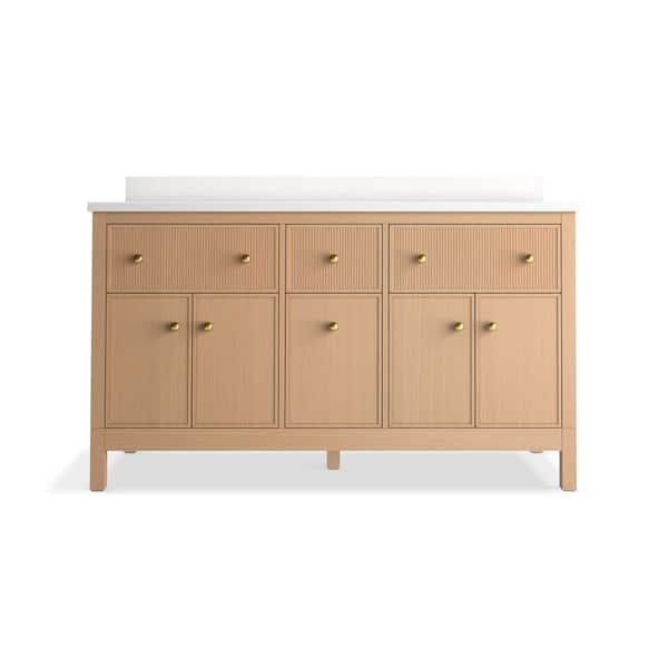 KOHLER Malin 61in. Double Sink Freestanding White Oak Bath Vanity with White Quartz Top Assembled