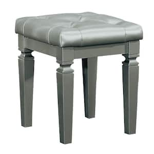 Gray Wooden Vanity Stool with Faux Leather Tufted Seat