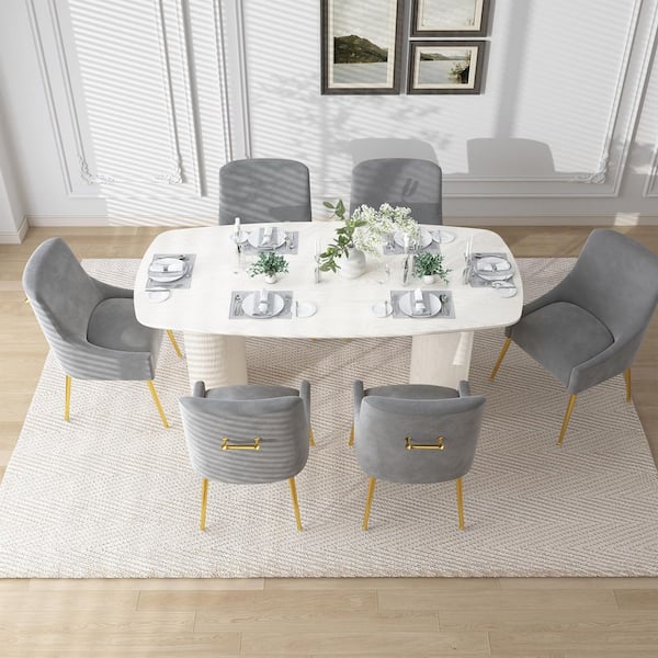 Clihome 7-Piece Solid Wood Top Dining Table Set with Gray Velvet Dining Chair (Seats of 6)