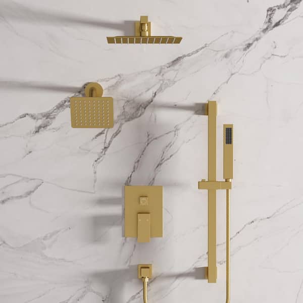 3-Spray 10 and 6 in. Wall Mount Dual Shower Heads and Handheld Shower Head in Brushed Gold (Valve Included)
