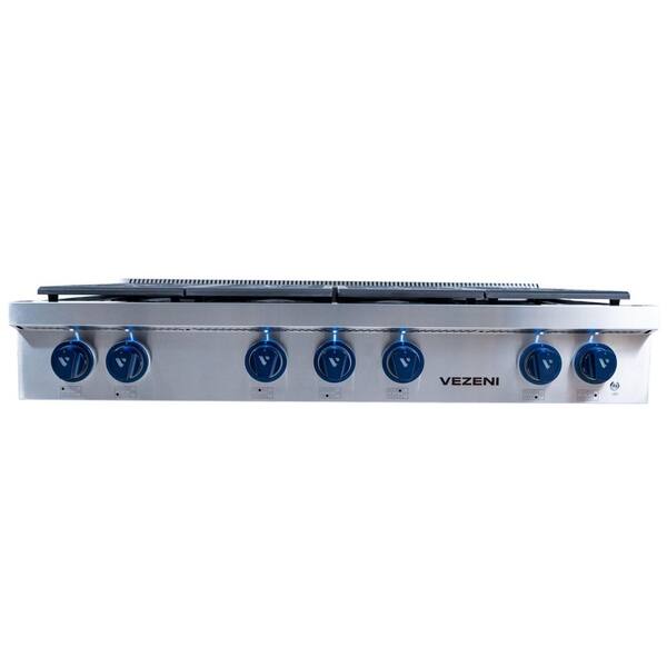 Randolph Pro 48 in. Natural Gas Cooktop in Stainless Steel with 7-German Made Burners, LED Blue Knobs, Cast Iron Grates