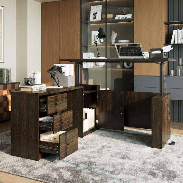 63 in. L-Shaped Brown Wood Grain 3-Drawer Electric Standing and Adjustable Height Desk with Memory Settings and Cabinet