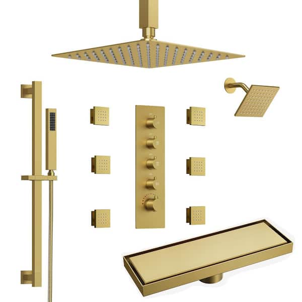 Quintuple Handles 13-Spray Dual Shower Faucets and Handheld 2.5 GPM with Body Spray in Brushed Gold with Shower Drain