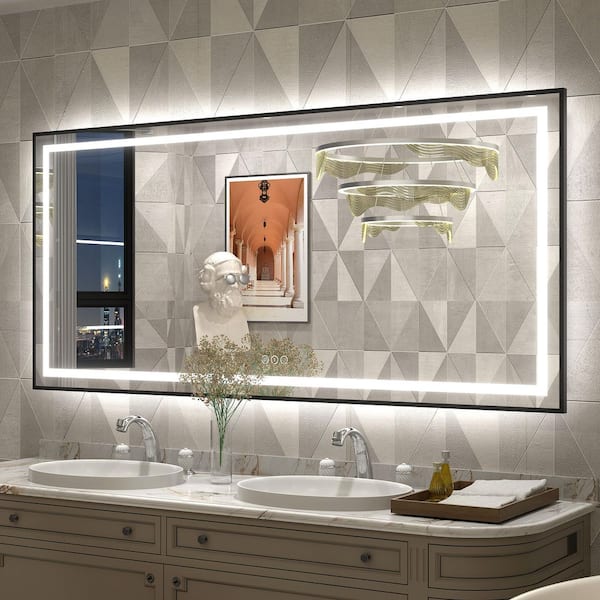 60 in. W x 28 in. H Rectangular Framed Front and Back LED Lighted Anti-Fog Wall Bathroom Vanity Mirror in Tempered Glass
