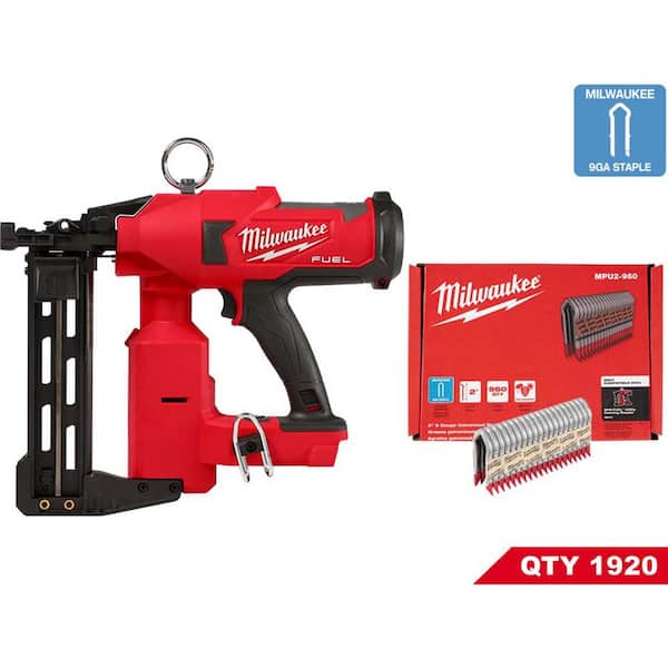 Milwaukee M18 FUEL 18-Volt Brushless Cordless Utility Fencing Stapler w/2 in. 9-Gauge Galvanized Staples 960 per Box (2-Pack)