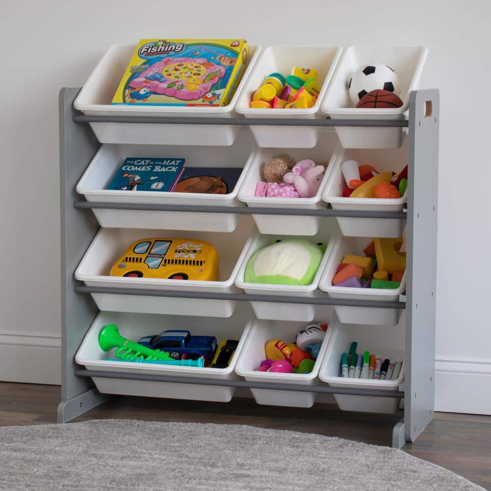 Gray and White 4-Tier Kids Toy Storage Organizer with 12 Bins