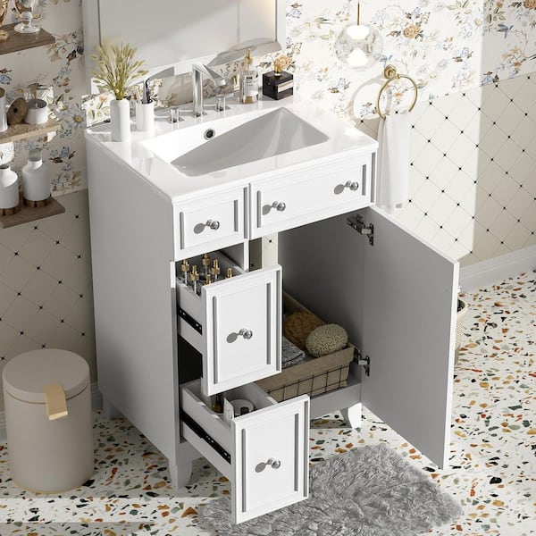 24 in. W x 18.3 in. D x 34.3 in. H Single Sink Freestanding Bath Vanity in White with White Ceramic Top