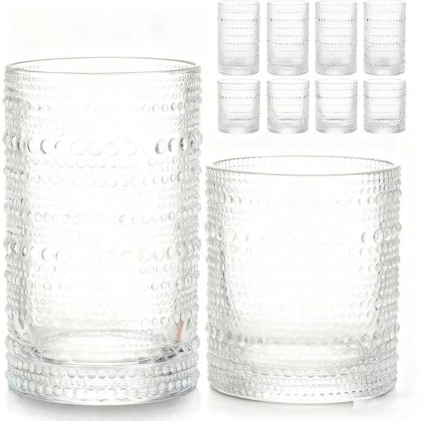 Vintage 12/10 oz. Crystal Clear Embossed Glass Drinking Glasses Bar Tumbler Glassware Set (Set of 8)