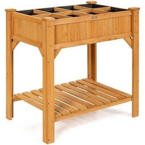 Yellow Natural 8 Grids Wood Elevated Garden Planter Box Kit with Liner and Shelf-36 in. x 24.5 in. x 36 in.Raised Beds